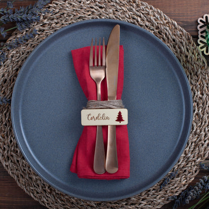 Personalised rectangle Christmas place setting with xmas tree cutout in gold mirror finish