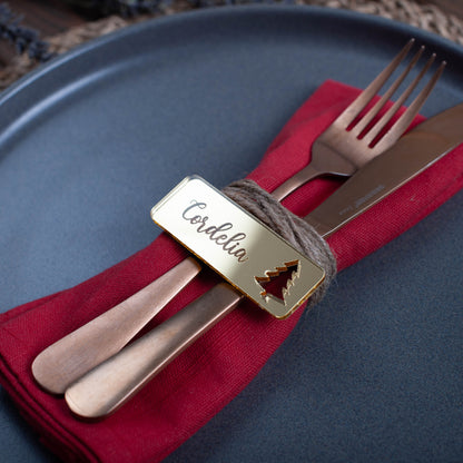 Luxury mirrored acrylic place setting with christmas tree cutout in gold acrylic