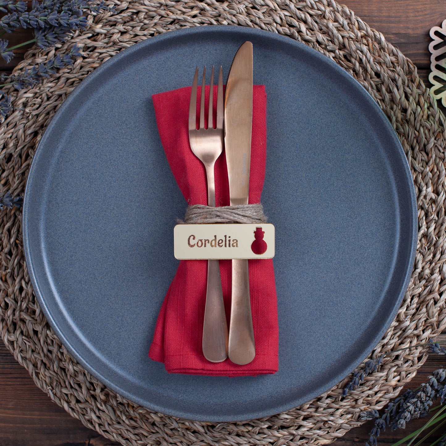 Personalised rectangle Christmas place setting with snowman cutout in gold mirror finish