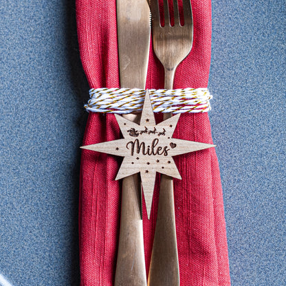 Engraved wooden Northern Star Christmas place name for luxury holiday hosting