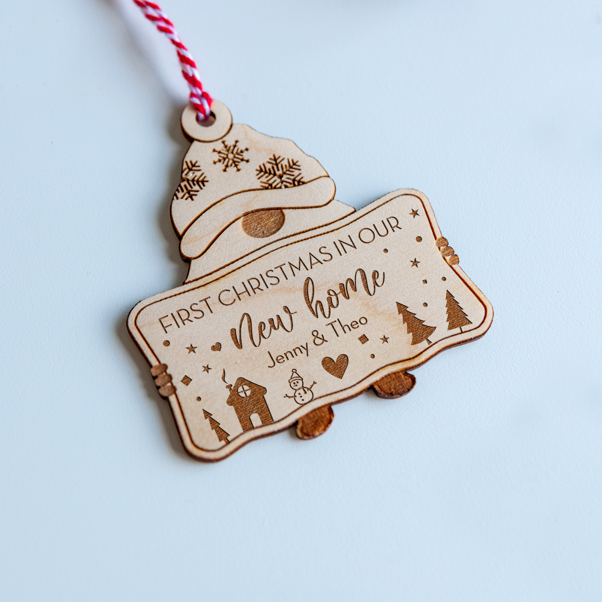 Personalised wooden gnome bauble for first Christmas in new home tree