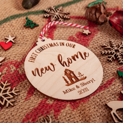First Christmas in New Home Wooden Bauble – Personalised Engraved Ornament