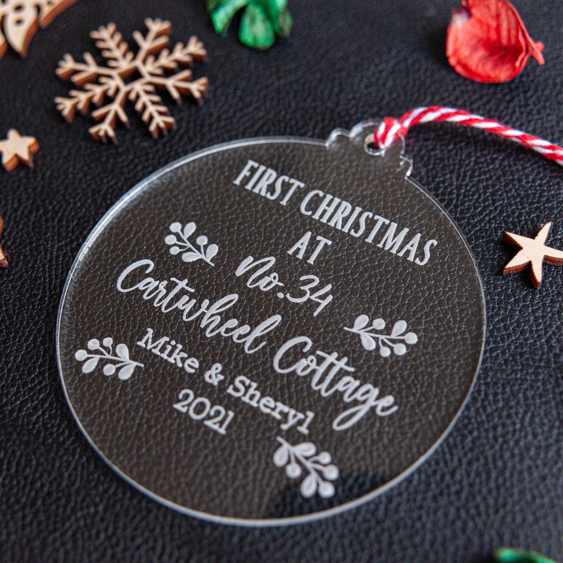 Engraved acrylic bauble for first Christmas in new home décor