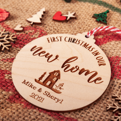 First Christmas in New Home Wooden Bauble – Personalised Engraved Ornament