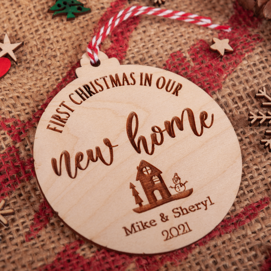 First Christmas in New Home Wooden Bauble – Personalised Engraved Ornament
