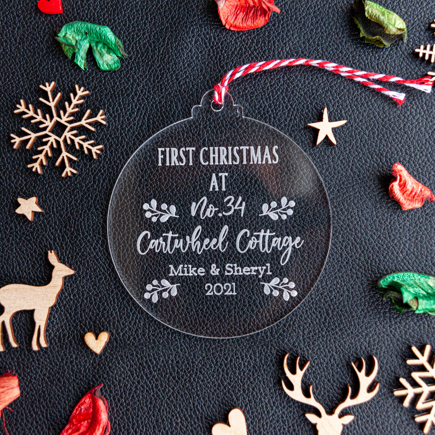 Personalised first Christmas in new home acrylic bauble ornament