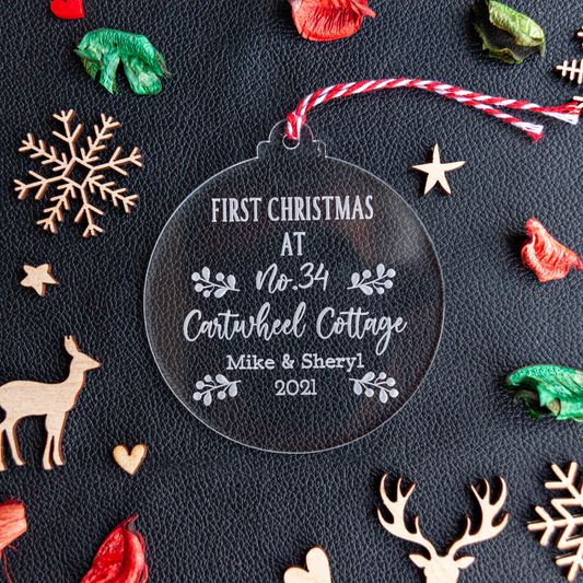 Personalised first Christmas in new home acrylic bauble ornament