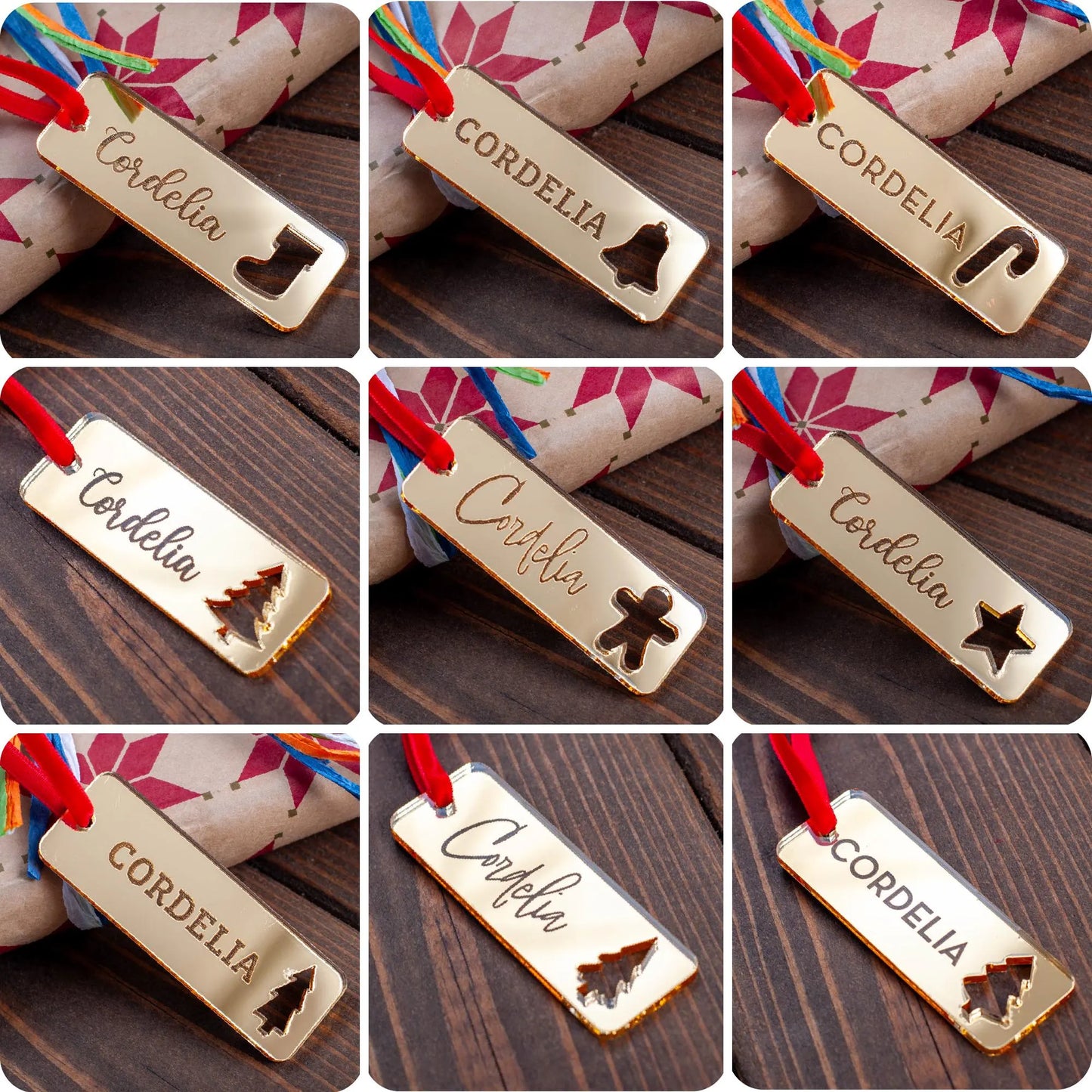 Collage of gold name tags with name engraved, each featuring different festive ornament cut-out designs.