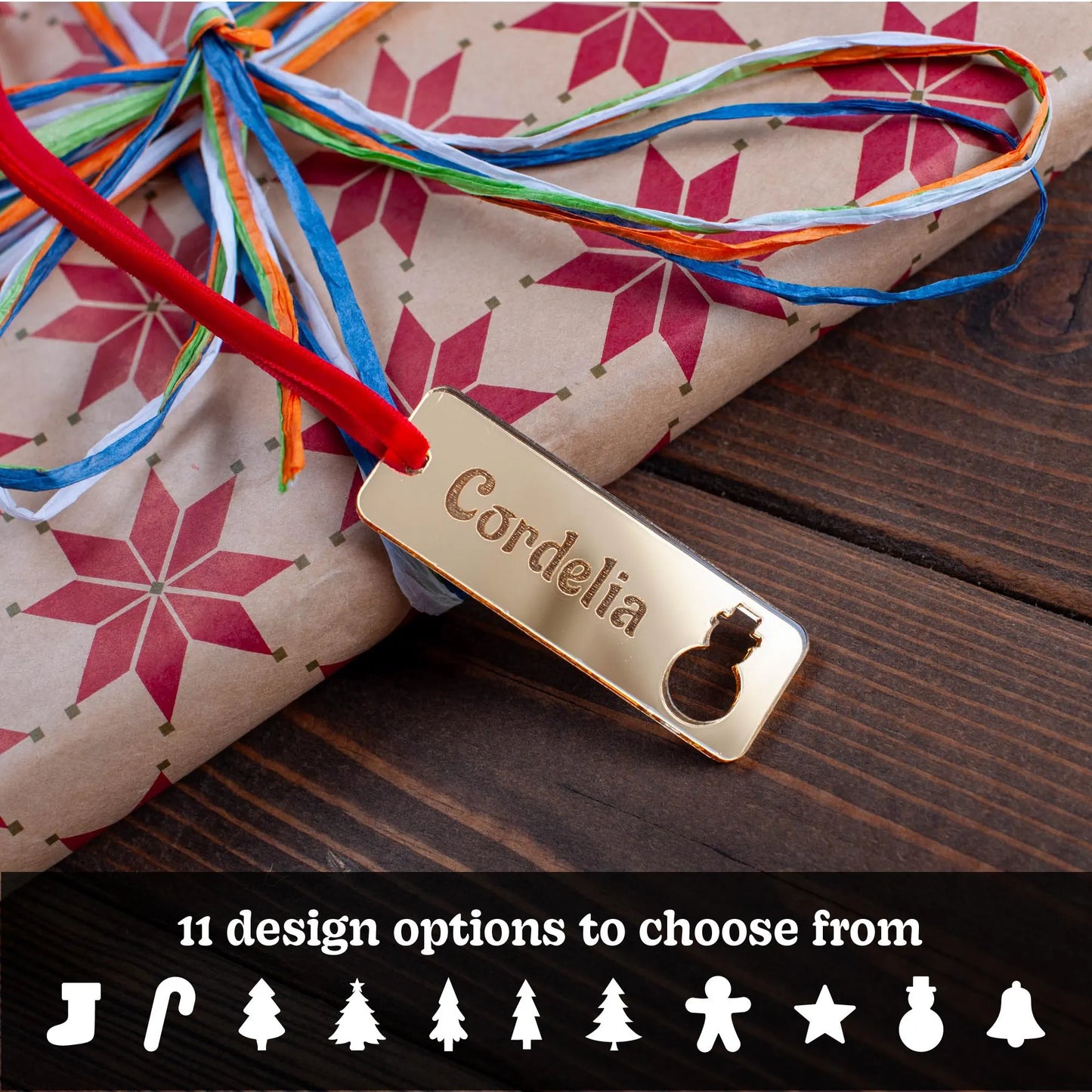 Personalised rectangular wooden Christmas gift tag with festive cut-outs