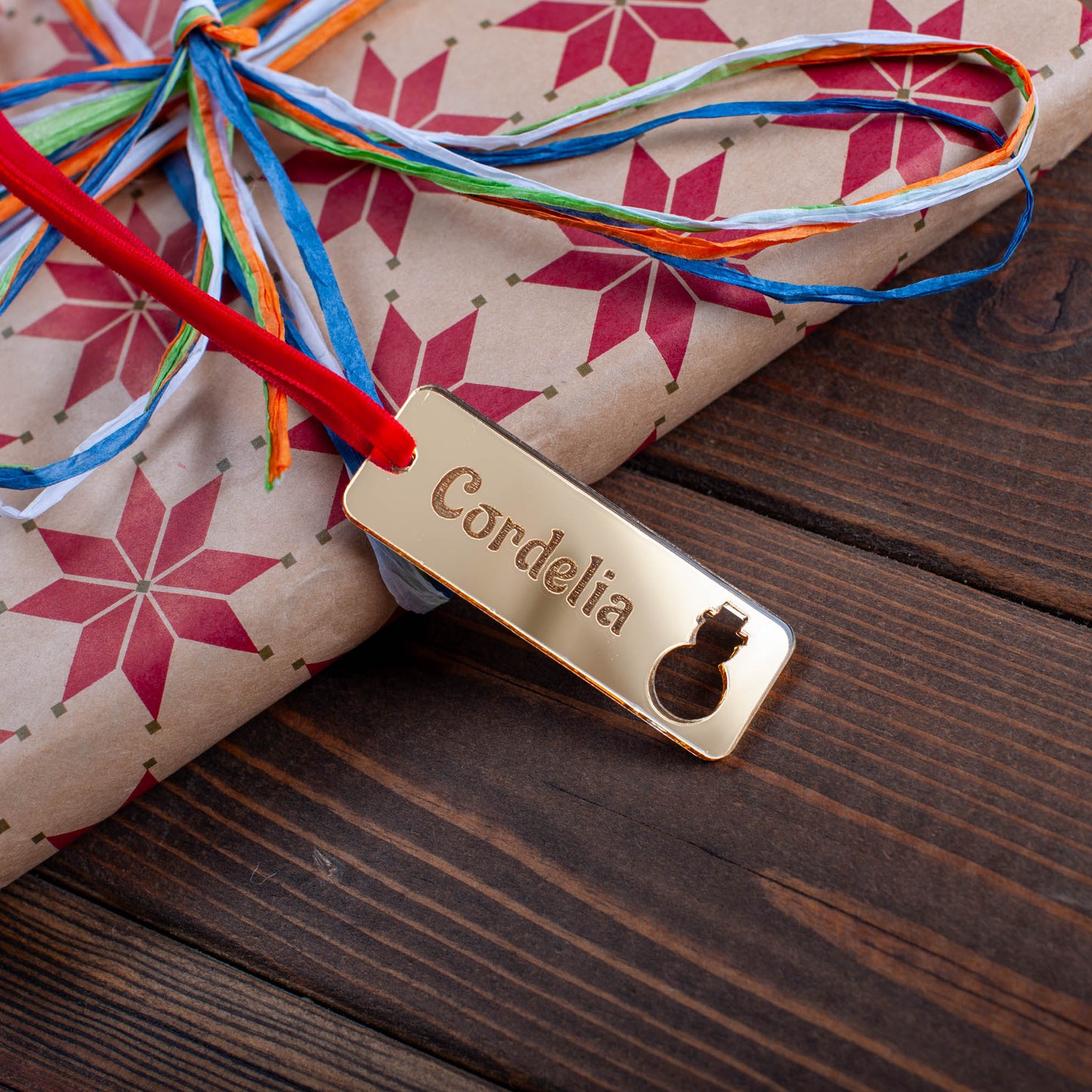 Laser cut wooden rectangle gift tag featuring Christmas ornament cut-outs
