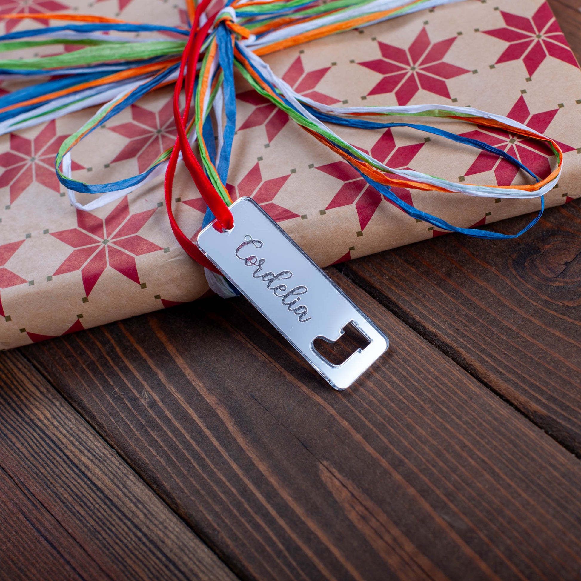 Engraved rectangle gift tag made from natural wood for Christmas wrapping décor