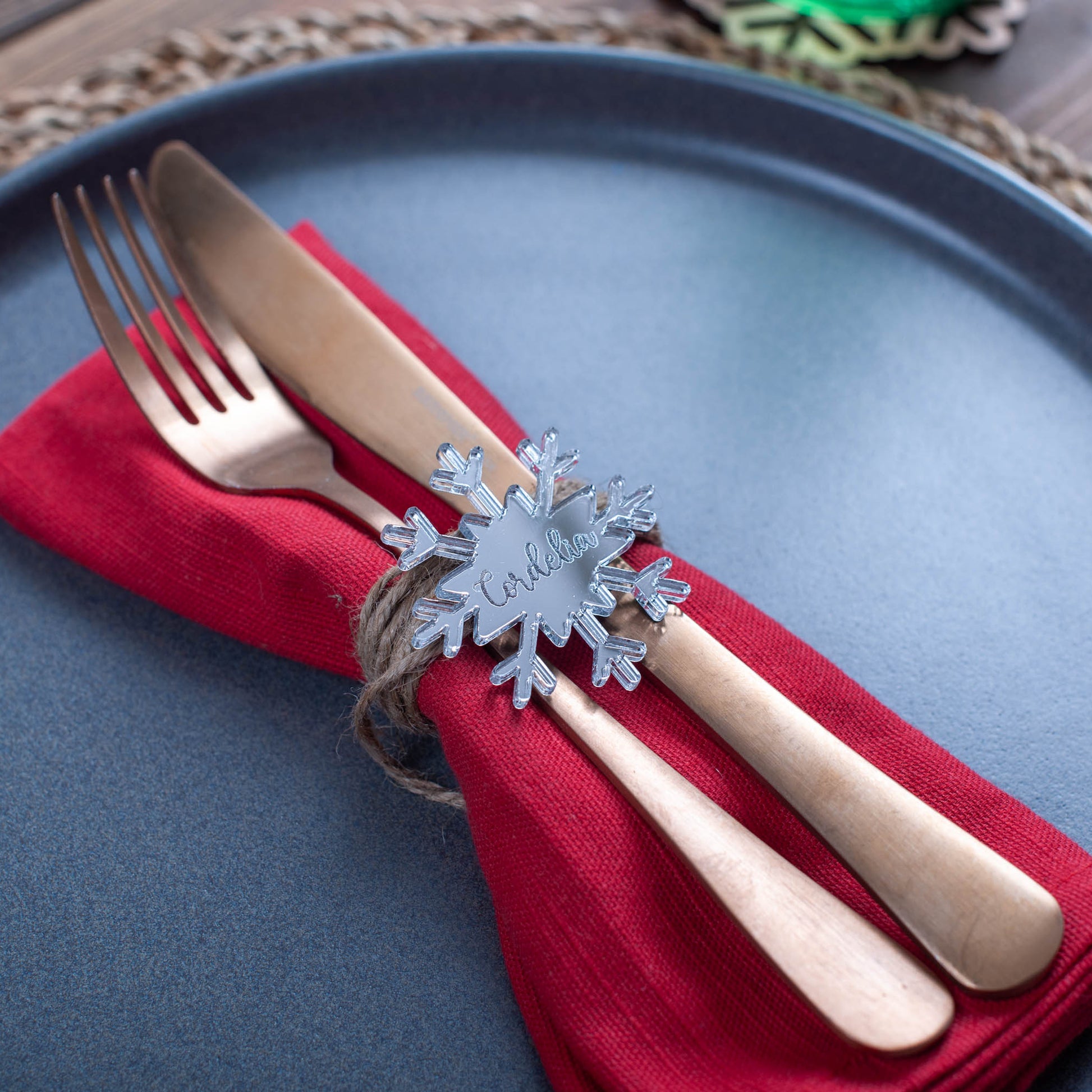 Custom engraved snowflake table decoration for holiday dining