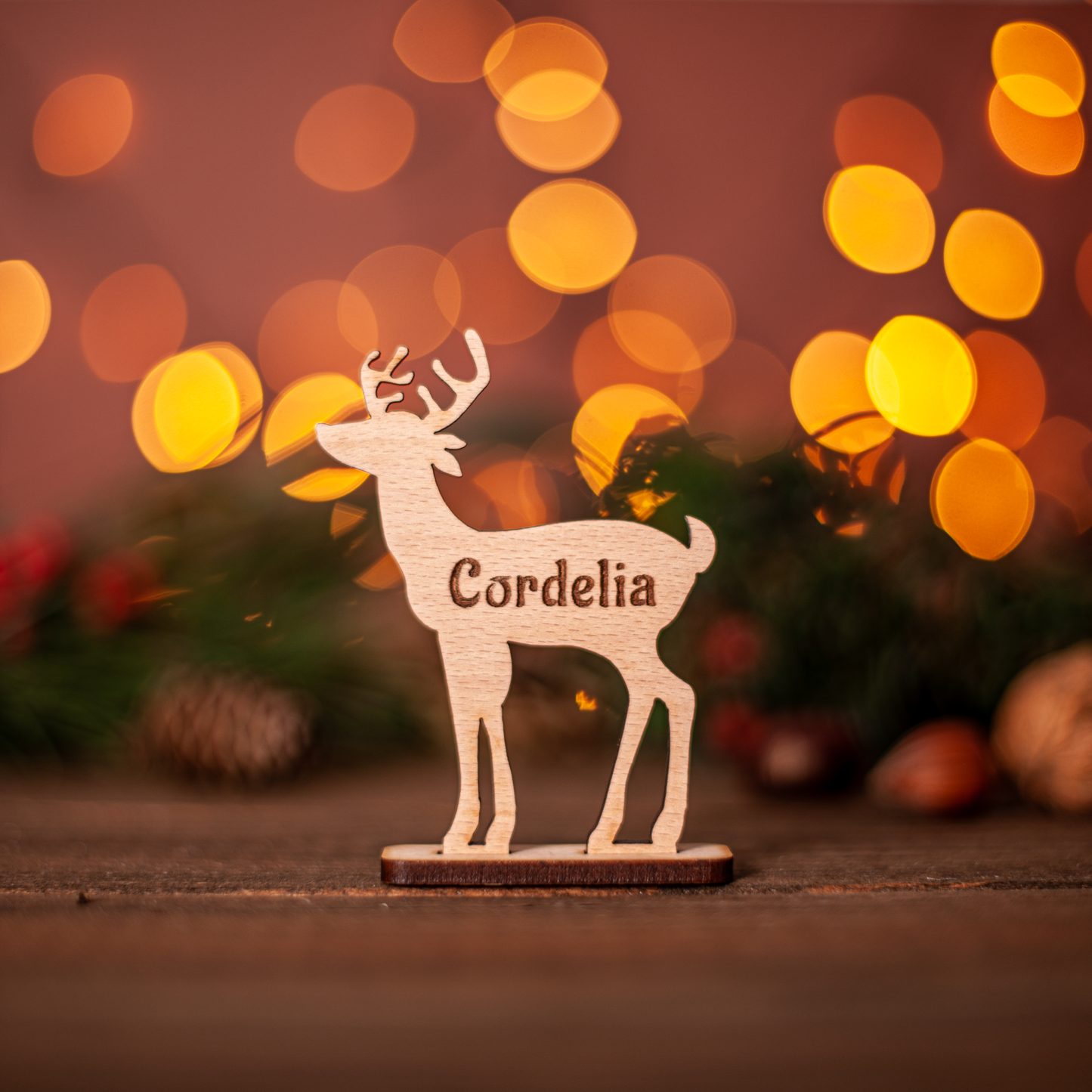 Festive Christmas reindeer name ornament used as place setting
