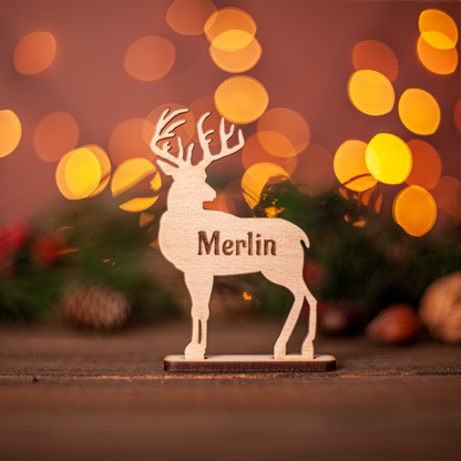 Elegant wooden reindeer place tag for winter holiday dinner