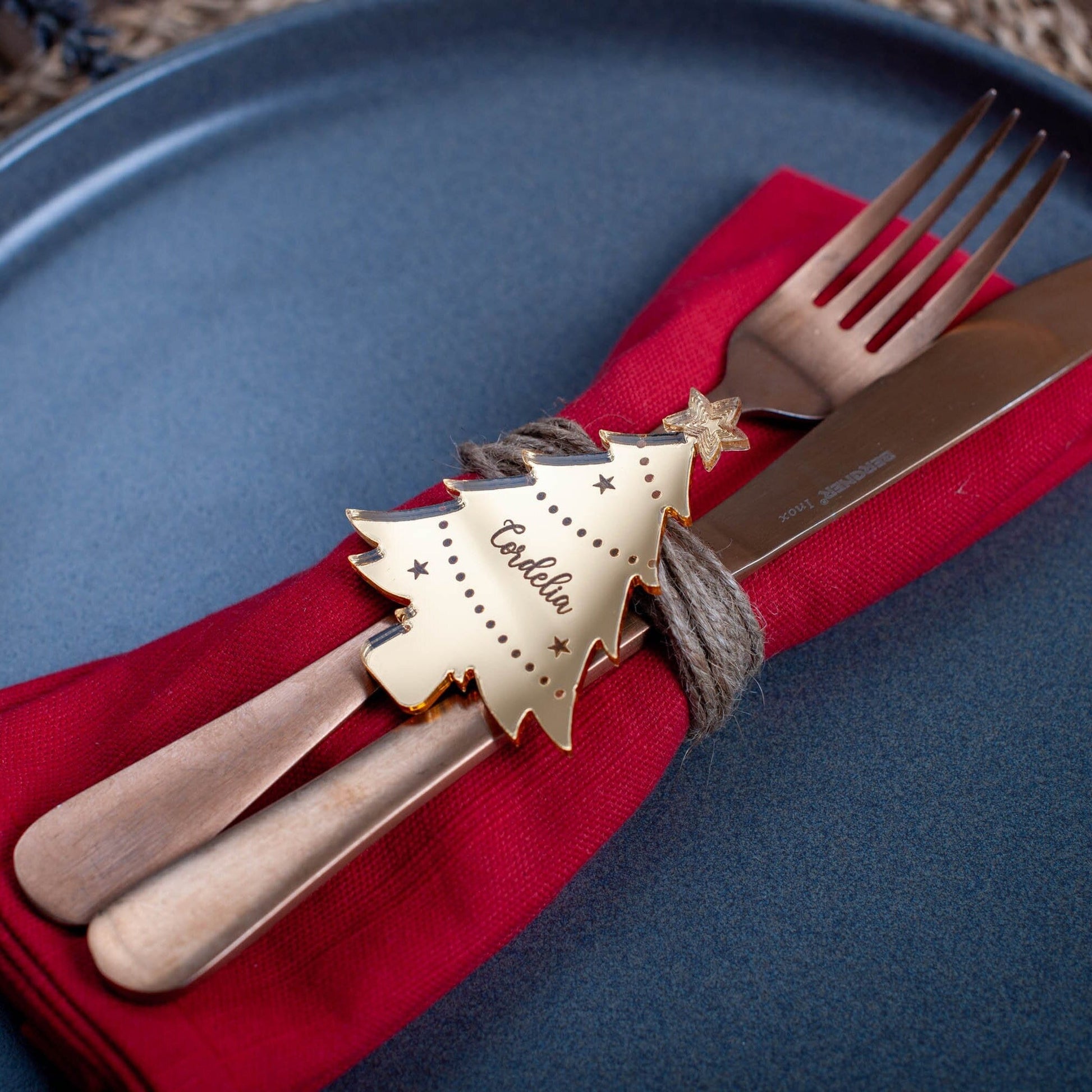 Personalised Gold Mirror Acrylic Christmas tree place setting with guest name