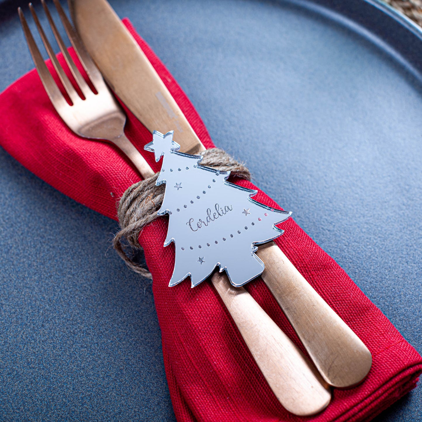 silver mirror Reusable personalised holiday place setting in Christmas tree design
