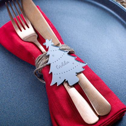 silver mirror Reusable personalised holiday place setting in Christmas tree design
