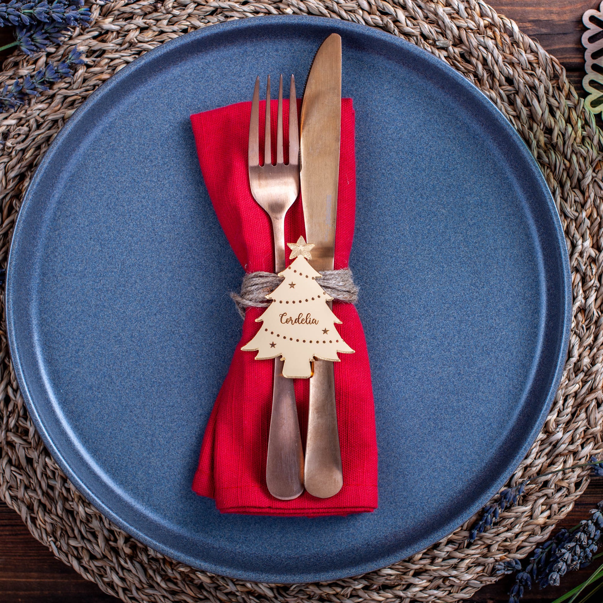 Gold Mirrored Acrylic Reusable personalised holiday place setting in Christmas tree design