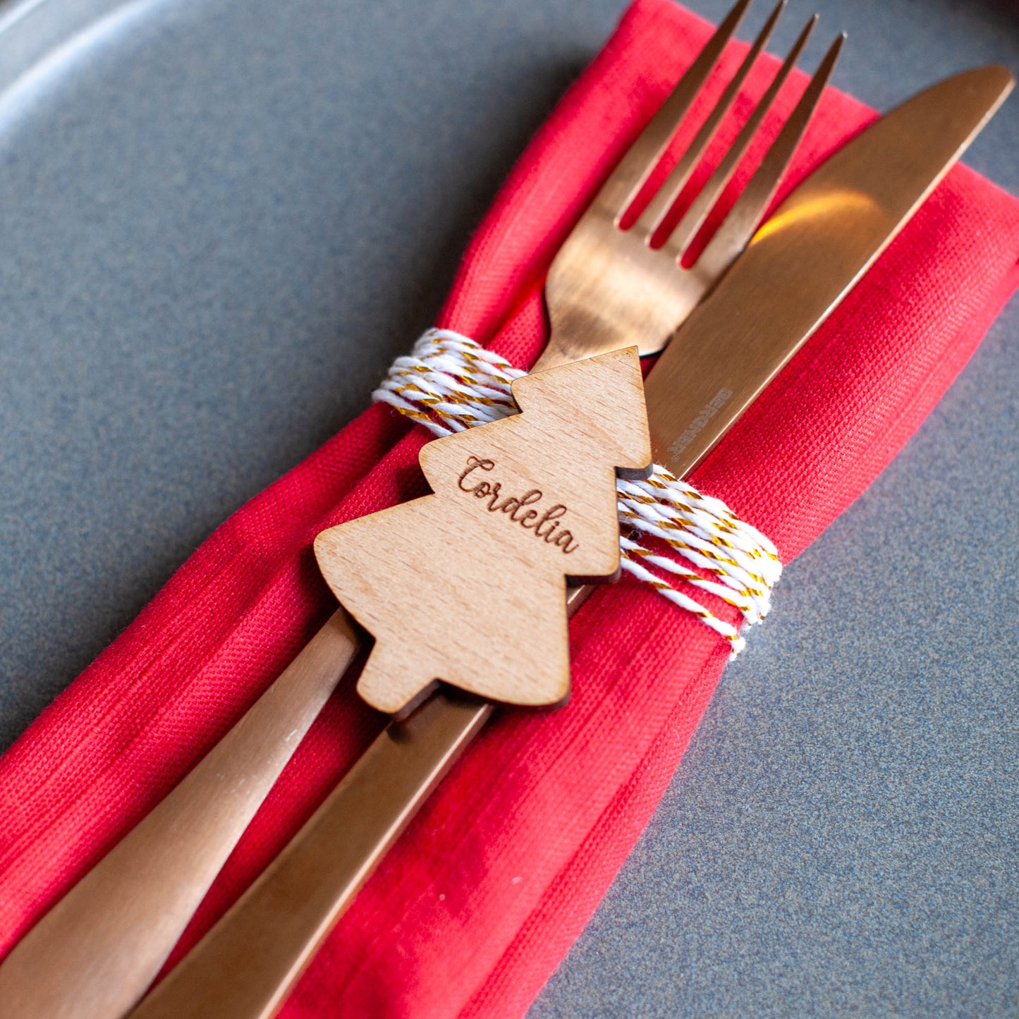 Custom wooden Christmas tree place setting with engraved family names