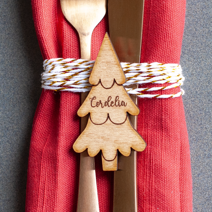 Personalised Christmas tree place card with guest name in wood