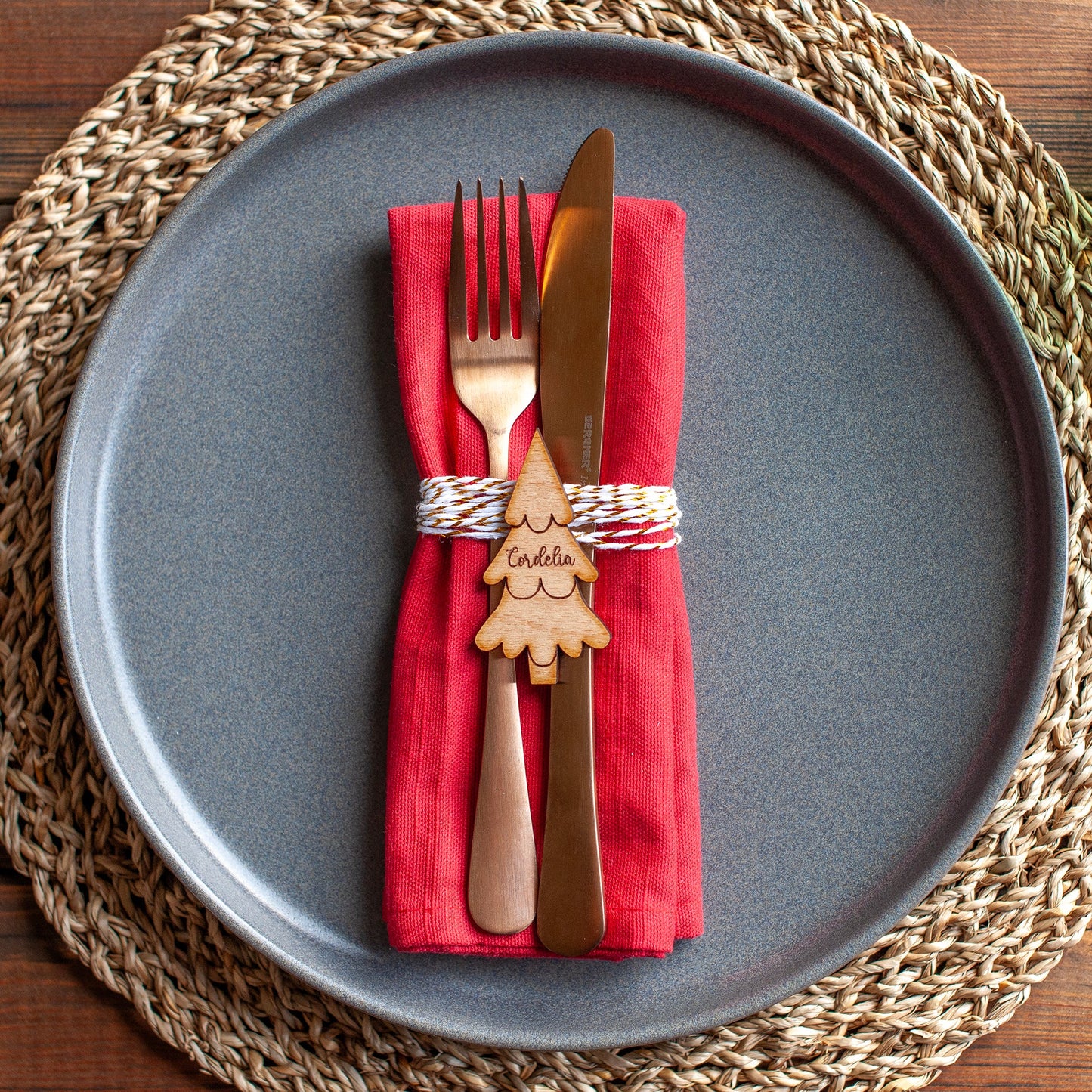 Elegant personalised Christmas name tag made from wood with engraved guest name