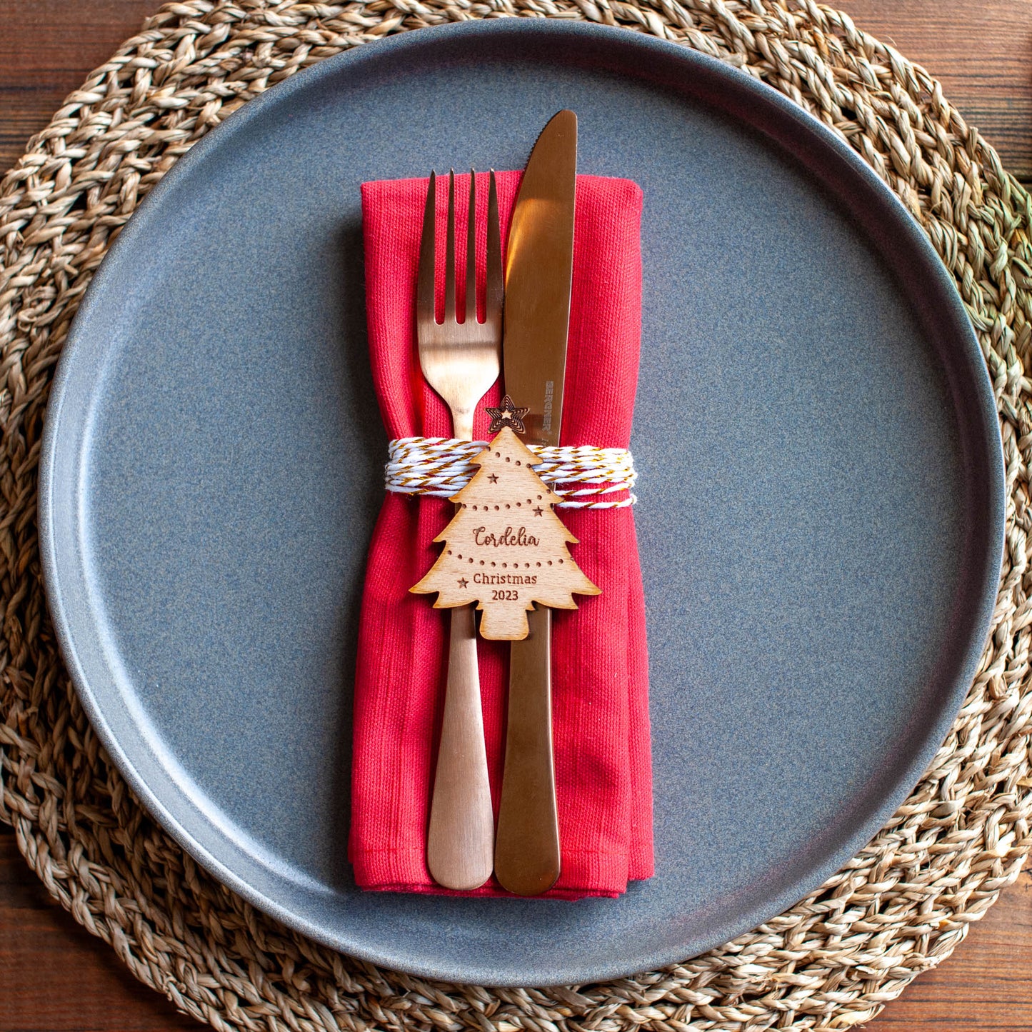 Personalised wooden Christmas tree name decoration for dinner party