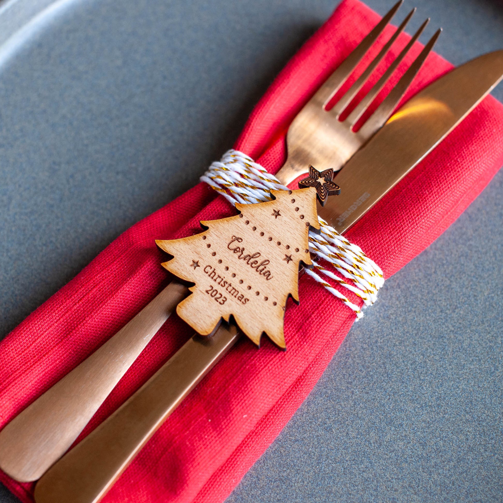 Custom Christmas tree table setting name tag for holiday dinner