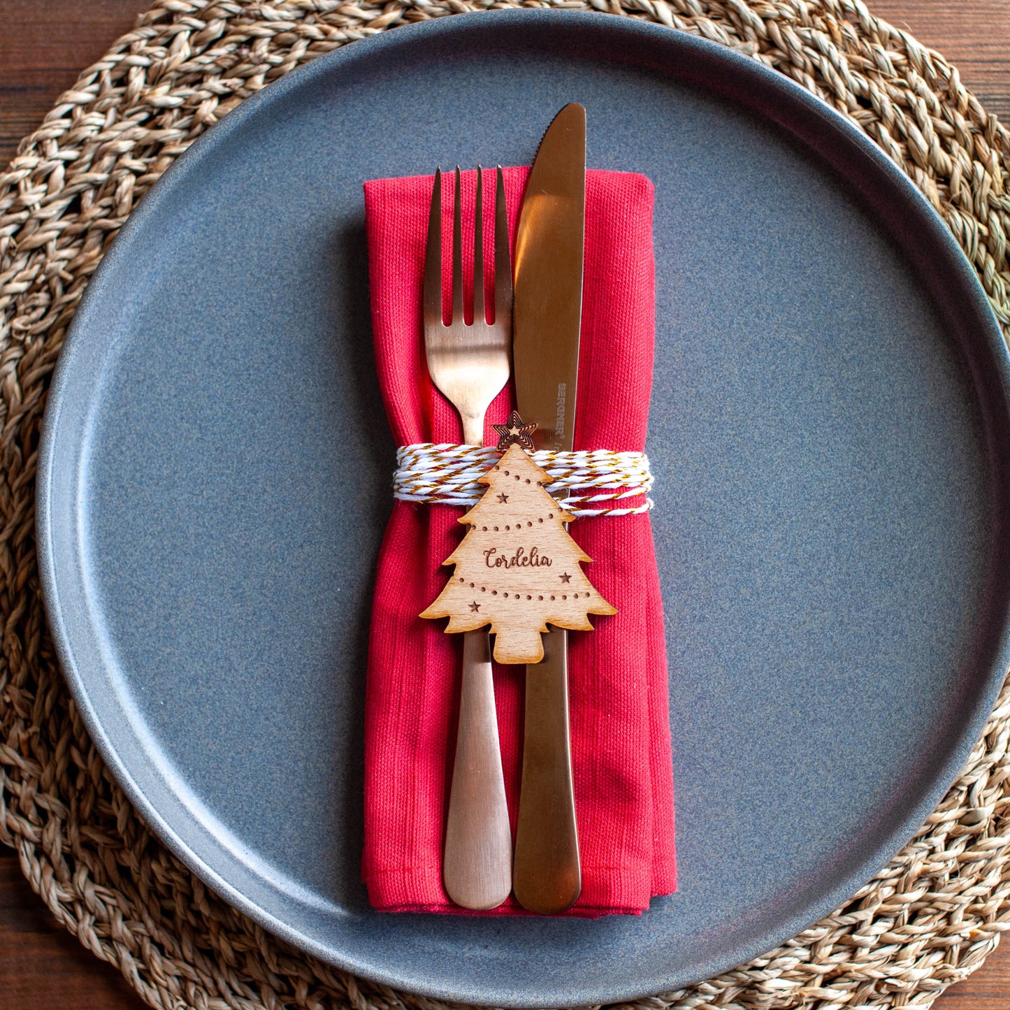 Wooden Christmas tree place card with engraved guest name
