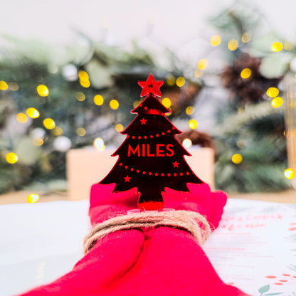 Red mirror acrylic Christmas tree place name engraved for Christmas hosting