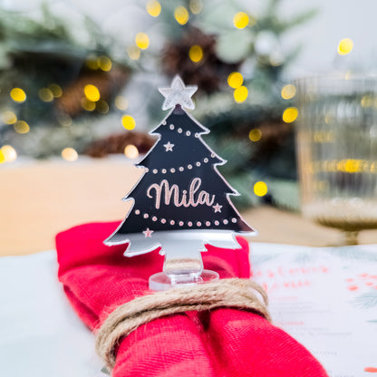 Silver mirror tree place setting engraved with guest’s name