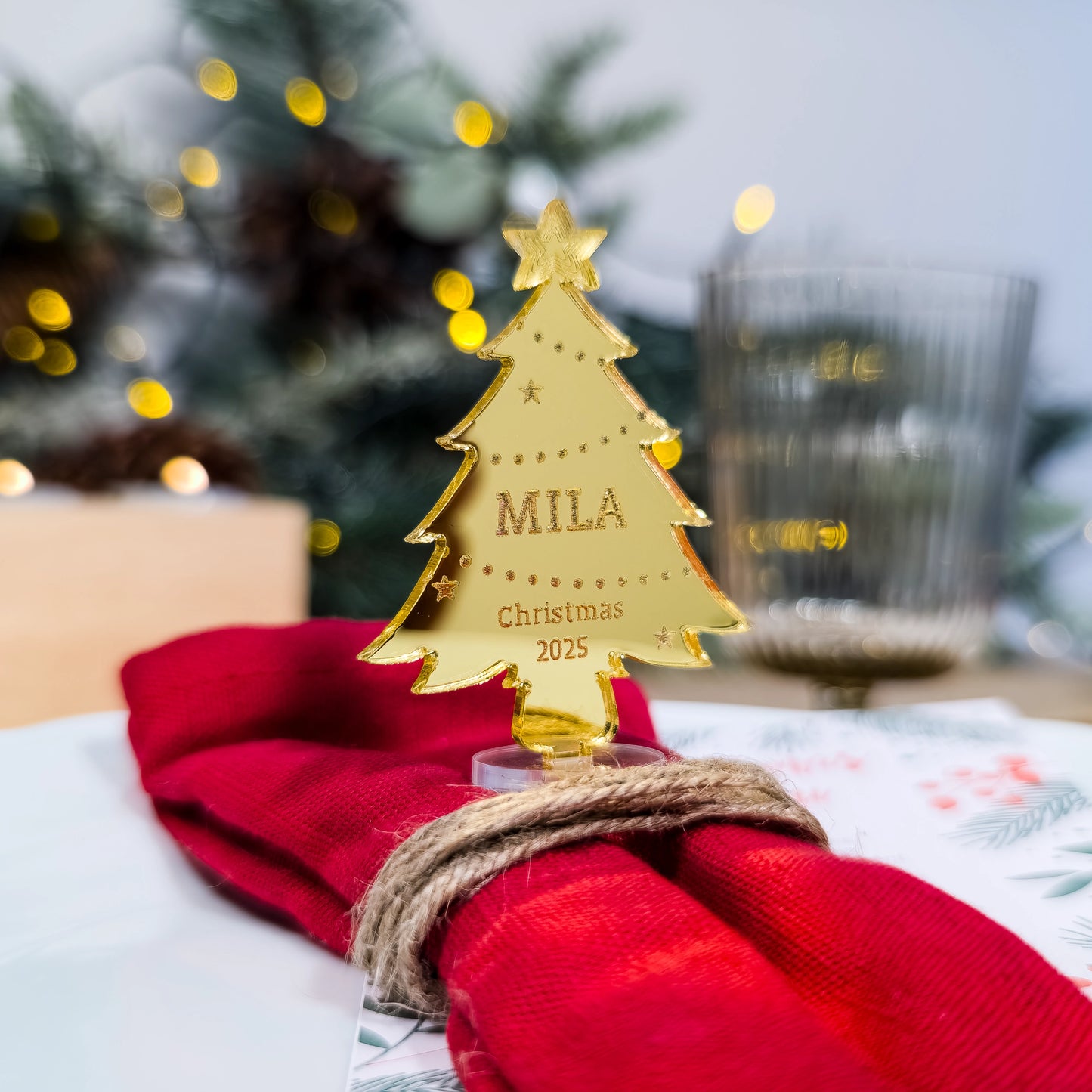 Gold mirror acrylic Christmas tree place name engraved for Christmas hosting