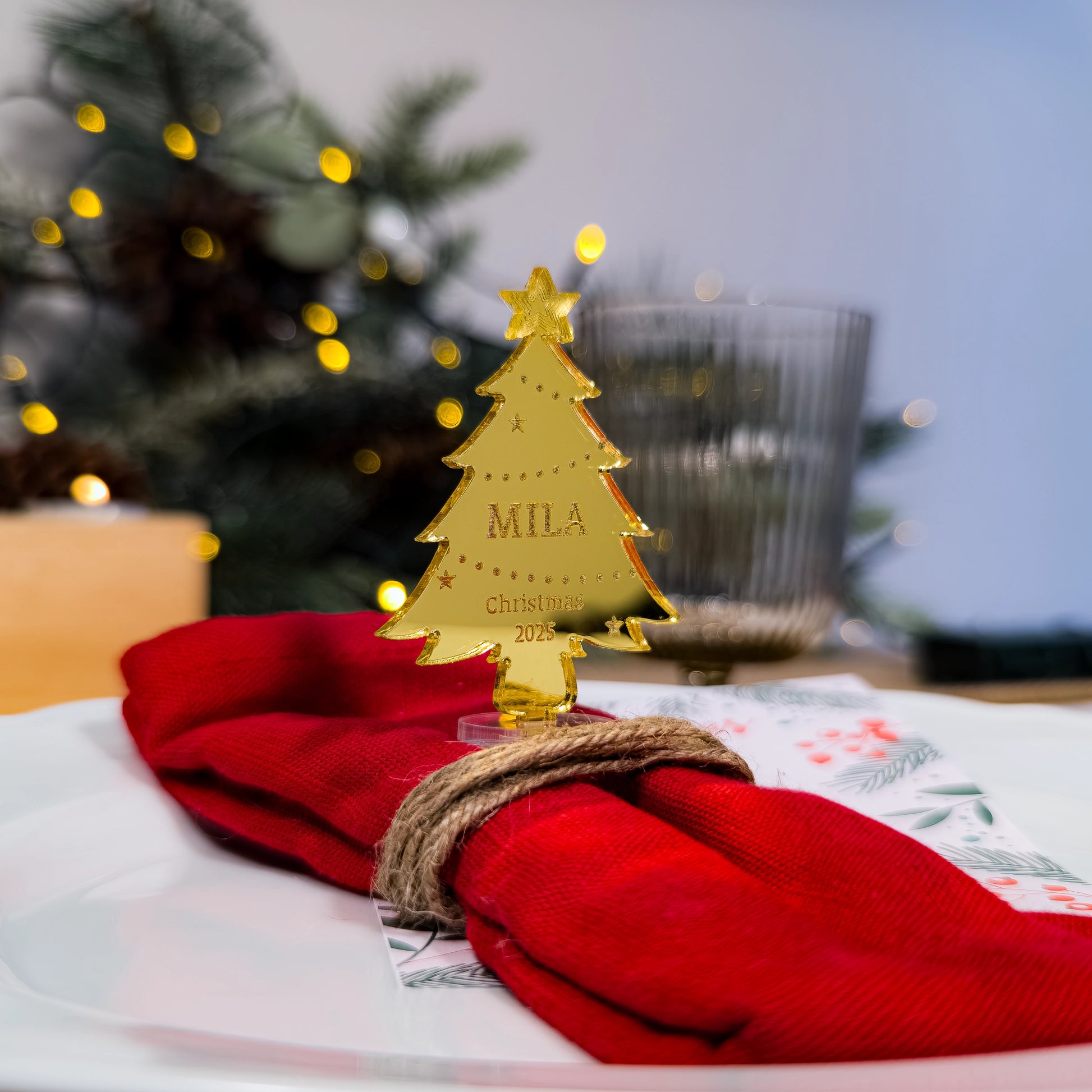 Engraved Christmas tree place card for festive dinner table