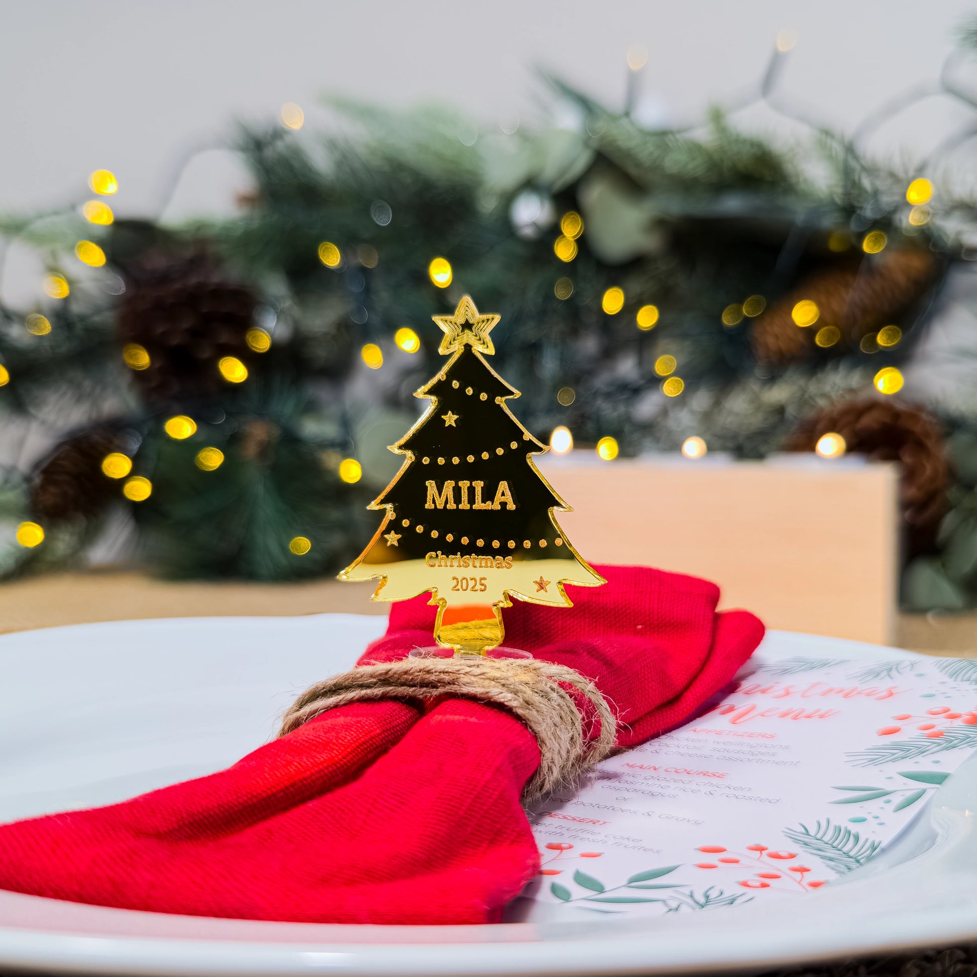 Custom mirror acrylic place tag shaped like Christmas tree