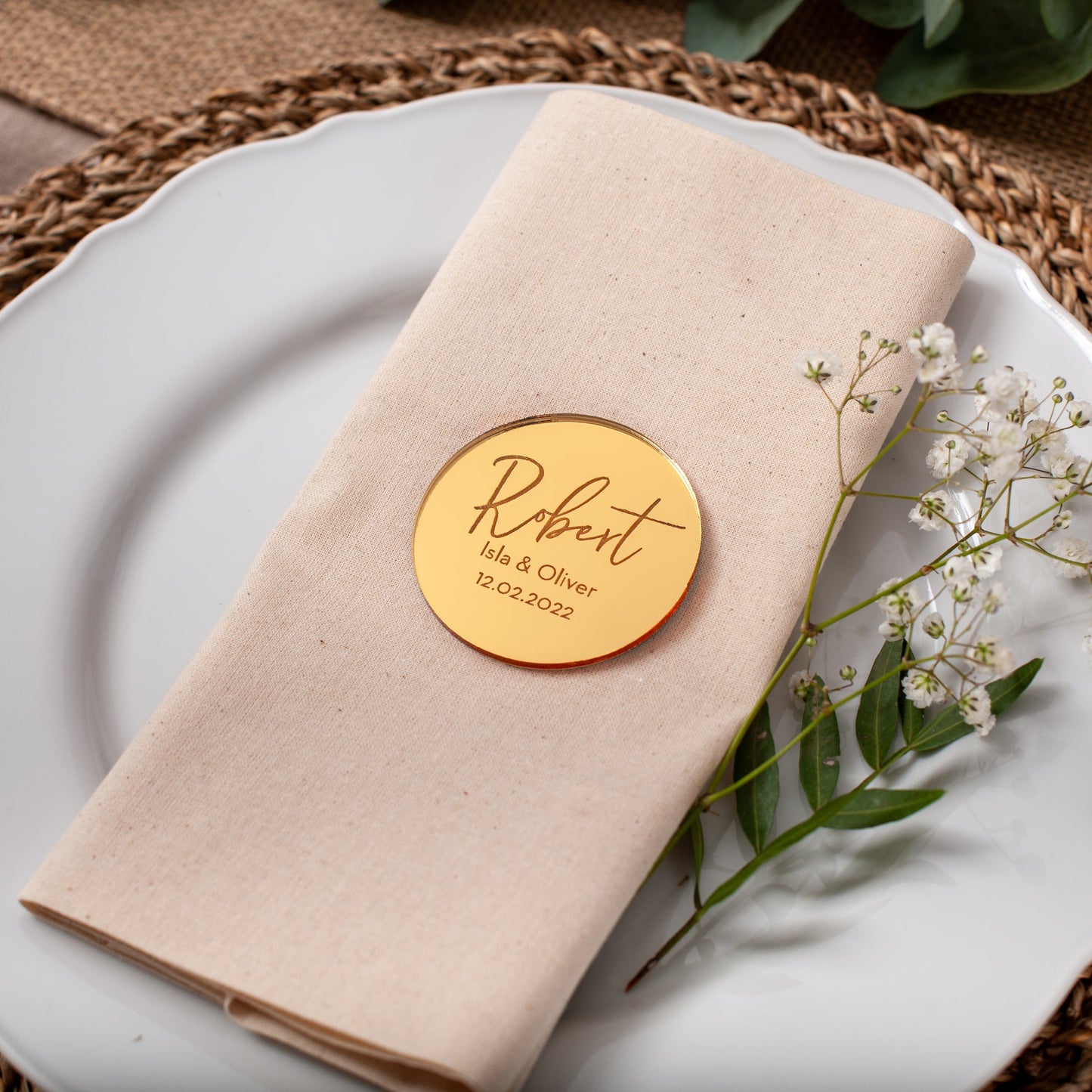 Personalised acrylic circle place name with bride and groom names and wedding date