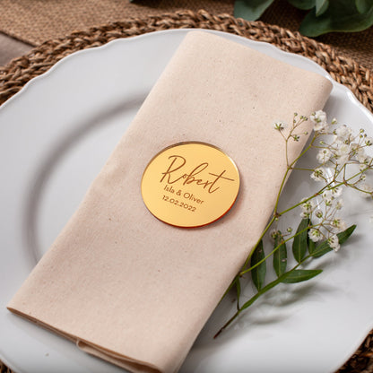 Personalised acrylic circle place name with bride and groom names and wedding date