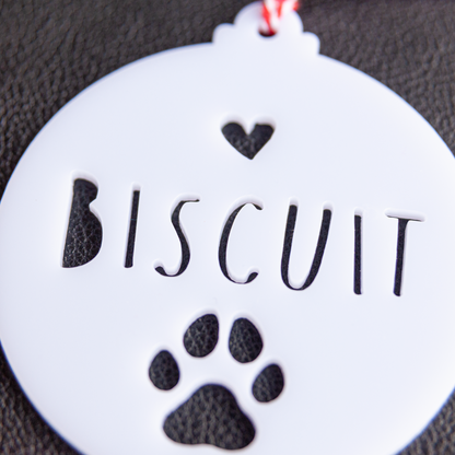 Custom Pet Name Christmas Decoration – Paw Cut-Out Bauble Keepsake