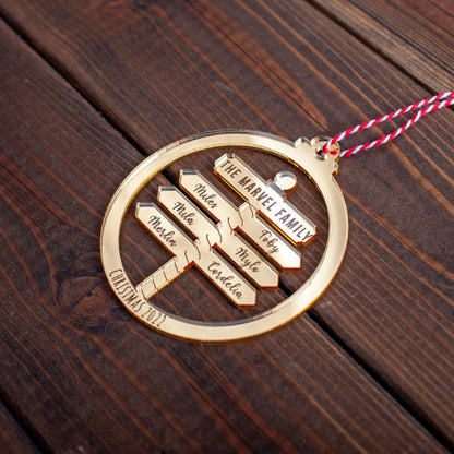 Reflective gold mirror ornament engraved and laser cut with names
