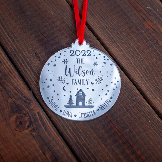 Reflective silver mirror Christmas bauble with engraved festive scene