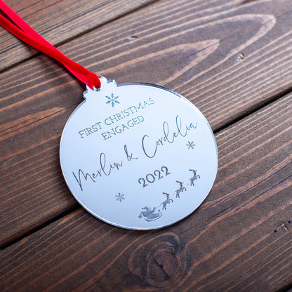 Engraved silver mirror engagement keepsake ornament hanging on tree