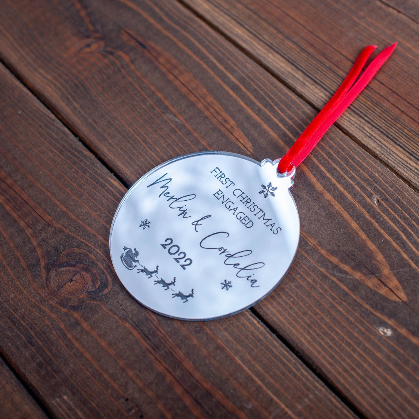 Personalised first Christmas engaged bauble in silver mirror acrylic
