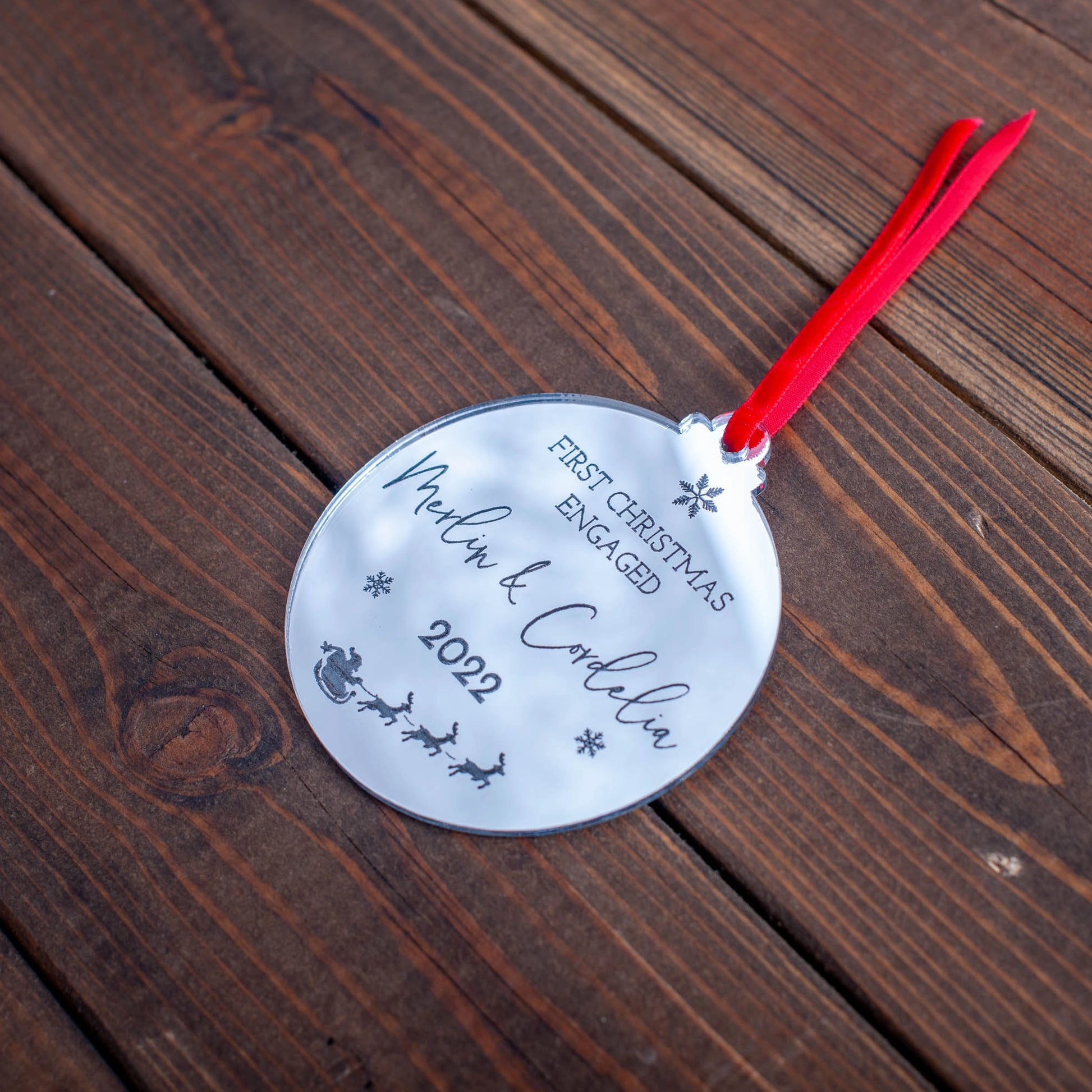 Personalised first Christmas engaged bauble in silver mirror acrylic