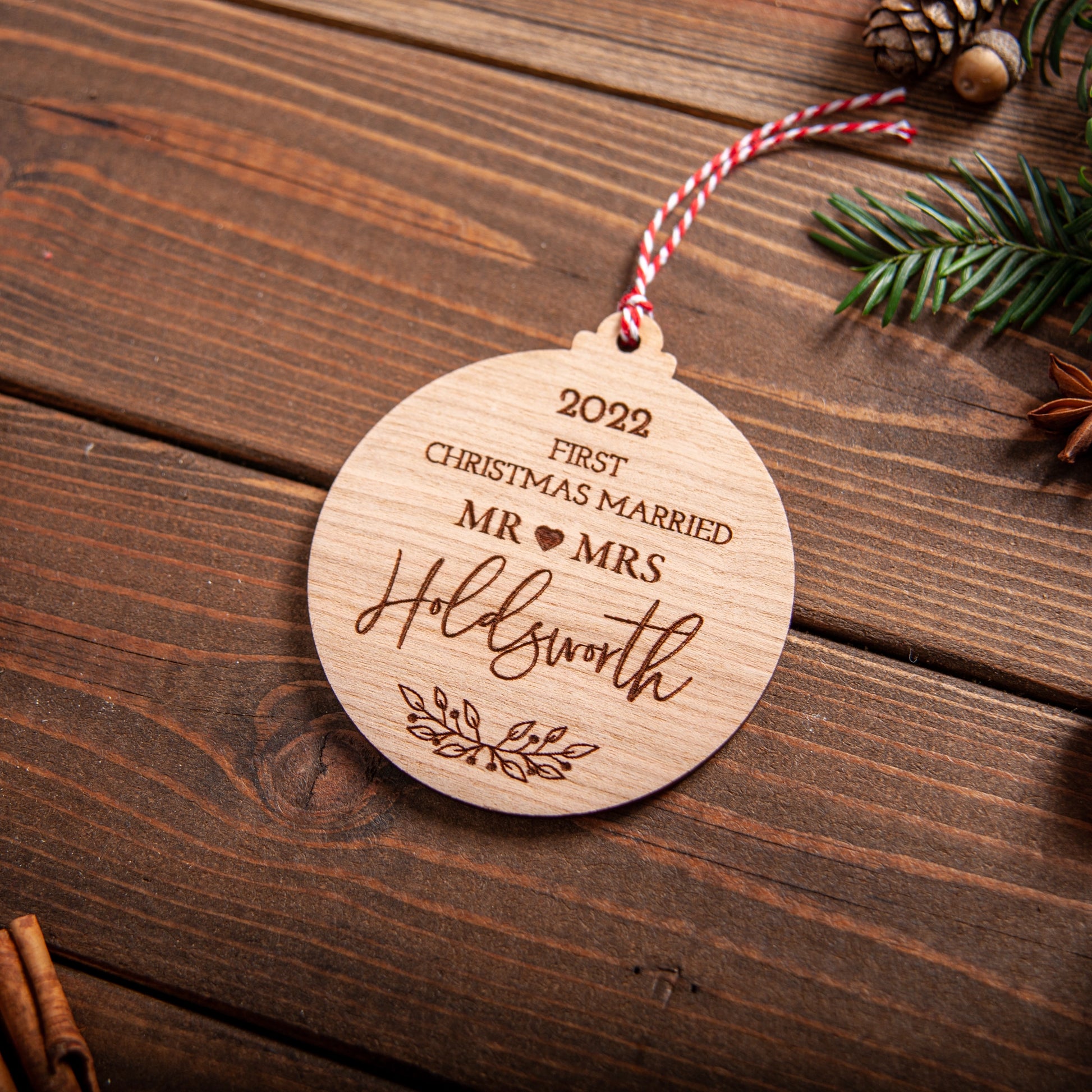 Engraved wooden tree decoration for newlyweds first Christmas