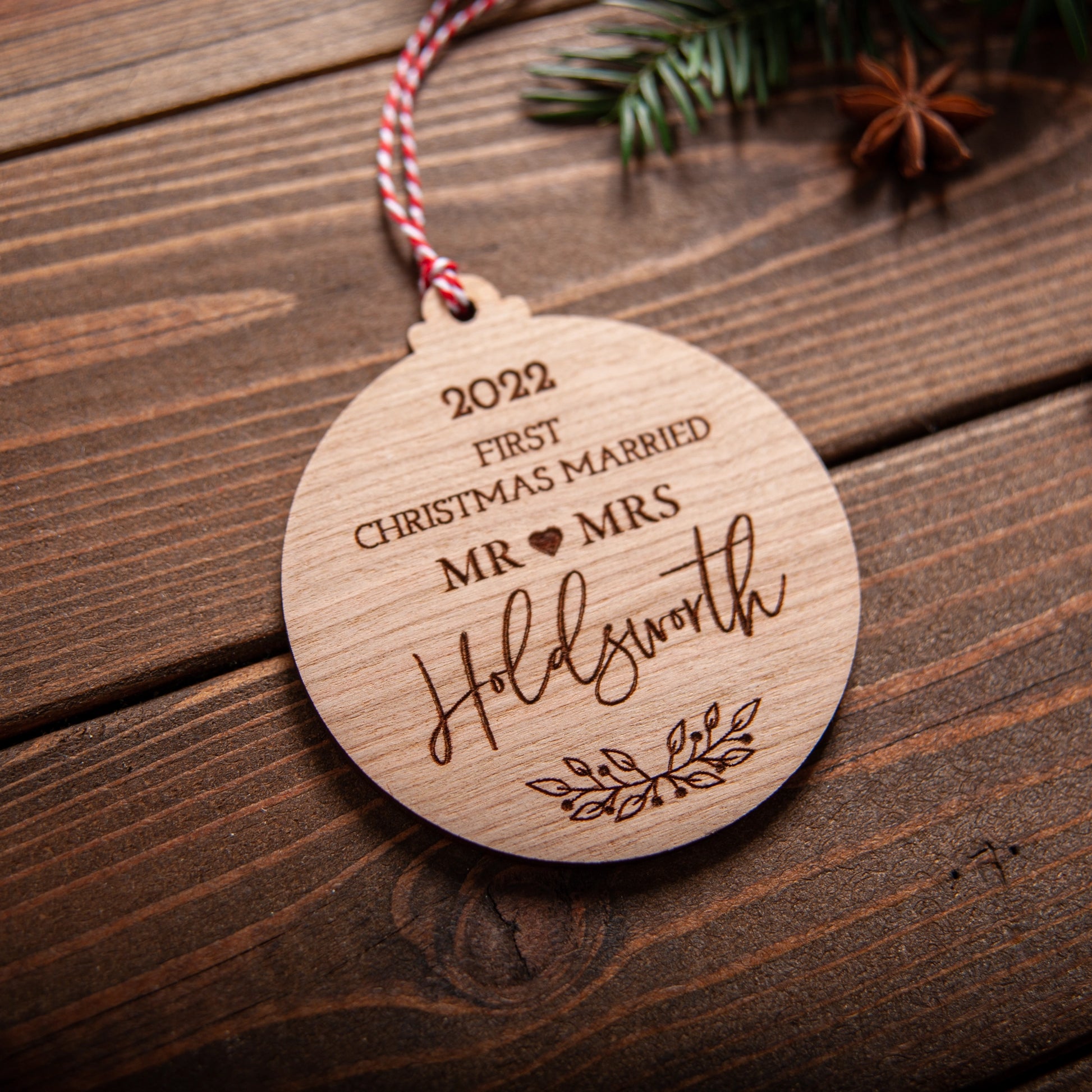 Personalised first Christmas married engraved wooden bauble ornament