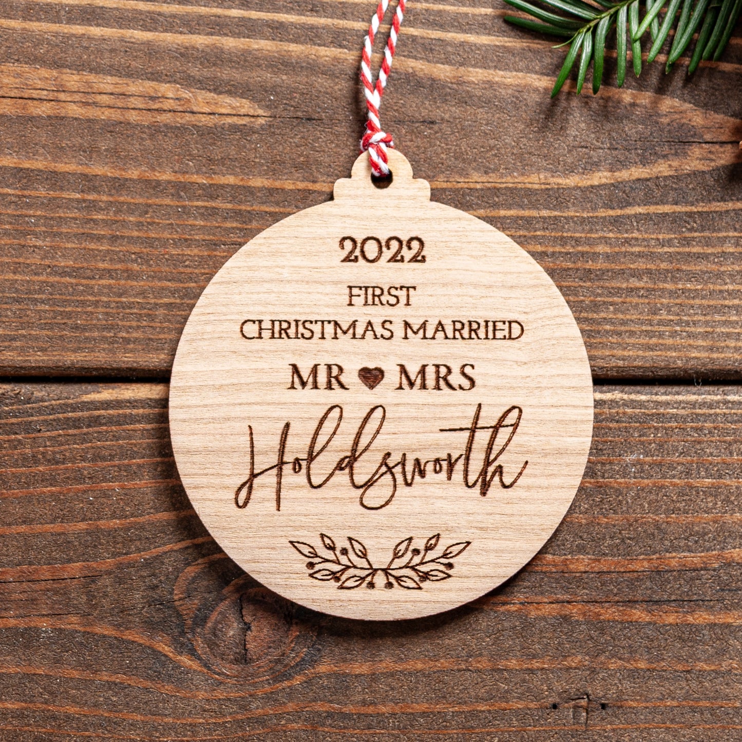 Personalised wooden ornament gift for newly married couple