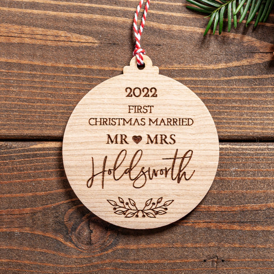 Personalised wooden ornament gift for newly married couple