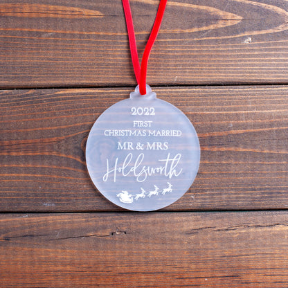 Personalised newlywed Christmas ornament engraved with year