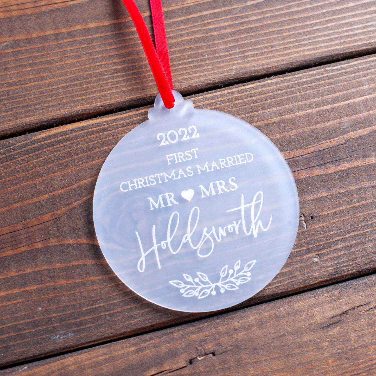 Personalised frosted Christmas bauble for newlyweds