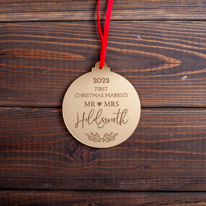 Gold mirror acrylic Christmas bauble engraved with names and date