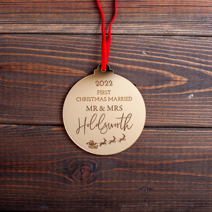 Luxury gold acrylic ornament engraved with First Christmas as a Married Couple