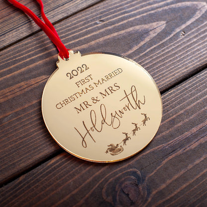 Engraved gold mirror Christmas decoration for newly married couple